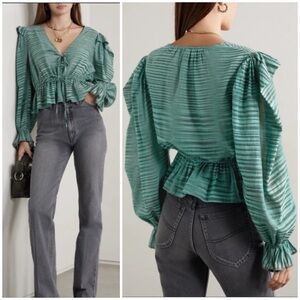 ULLA JOHNSON Ophelia gathered striped cotton-voile peplum blouse SZ US 4